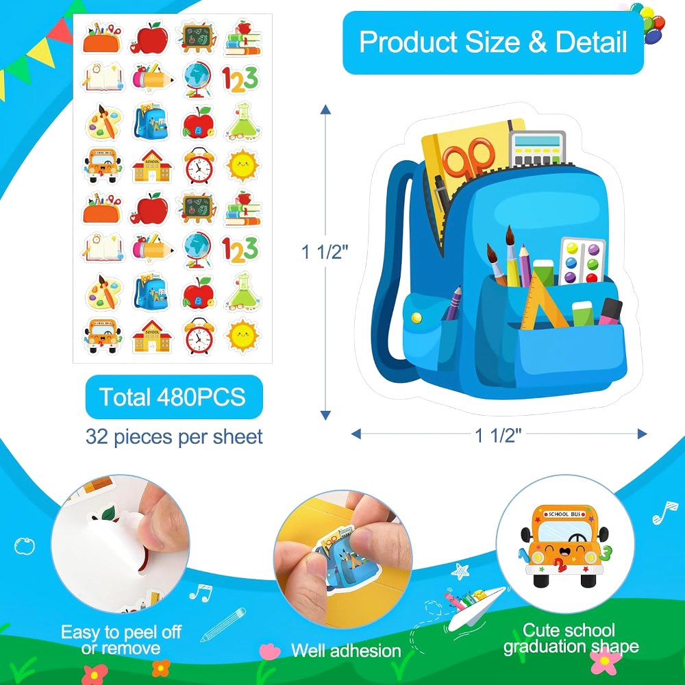 1 1/2" Cute Preschool Kindergarten Back to School Stickers, view 2