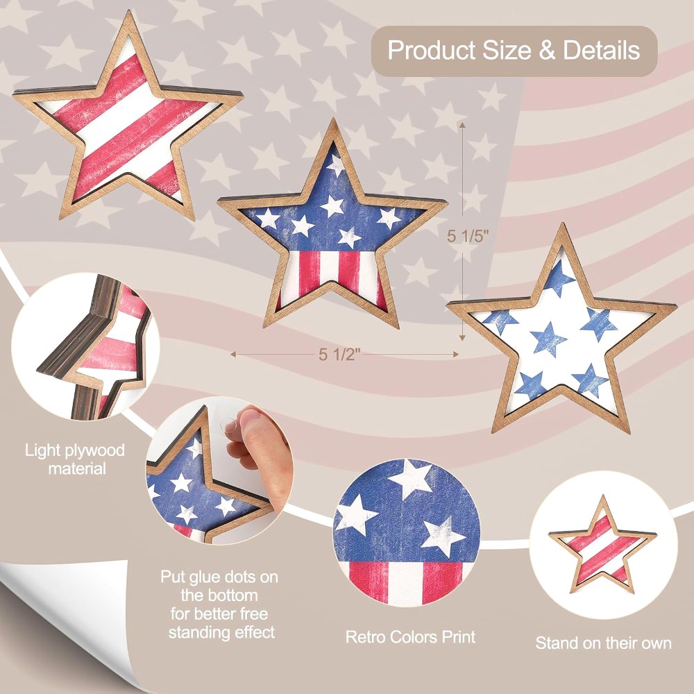 4th of July Decorations Wooden Stars, 3 pieces, view 2