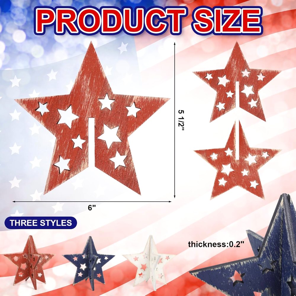 6 Inch Labor Day Decorations Wooden Stars Set, view 2