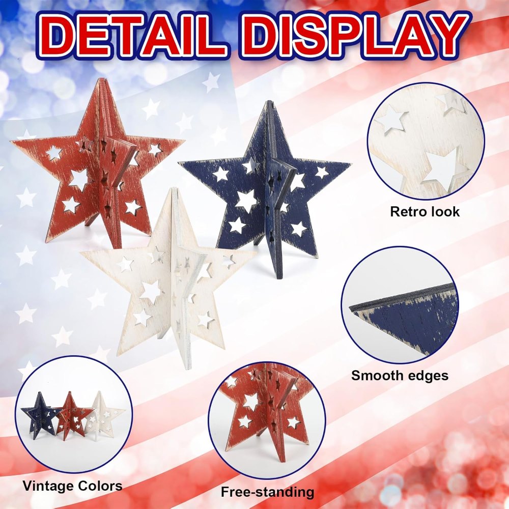 6 Inch Labor Day Decorations Wooden Stars Set, view 3