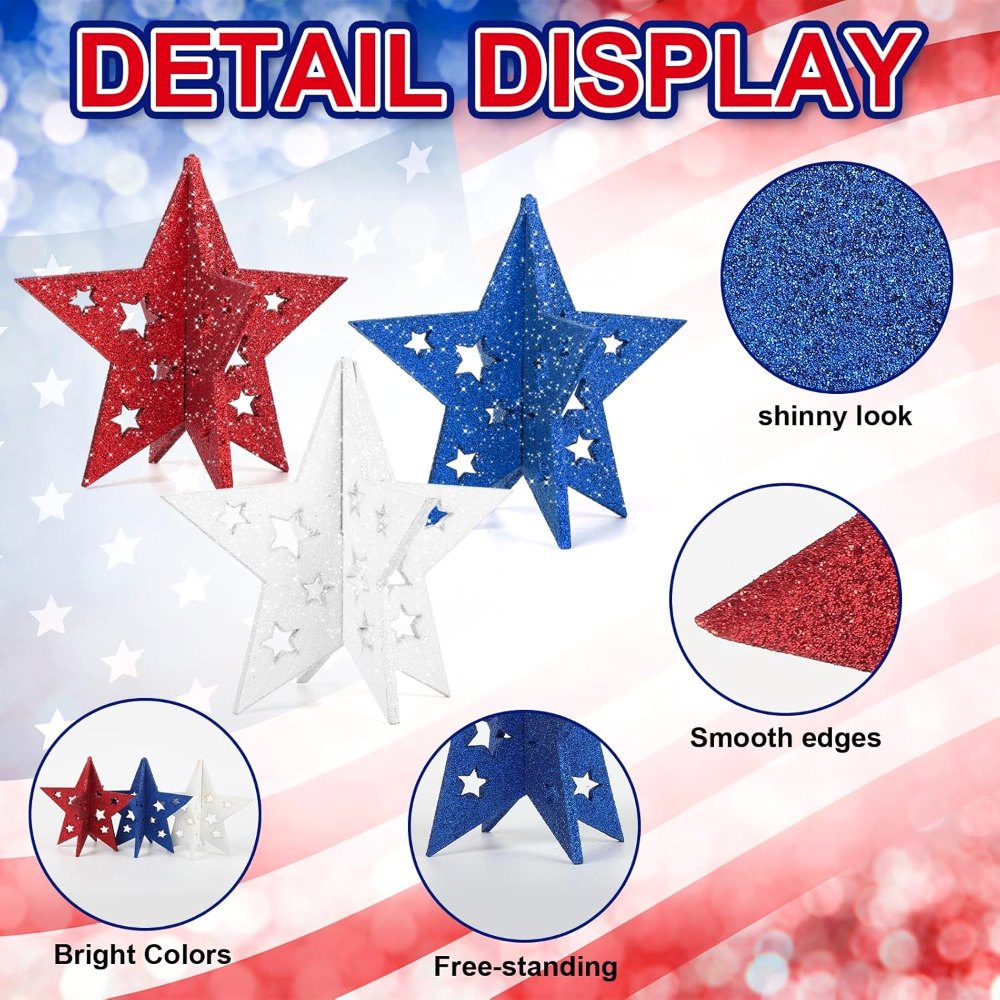 6 Inch Labor Day Decorations Wooden Stars Set, 3 pieces, view 3