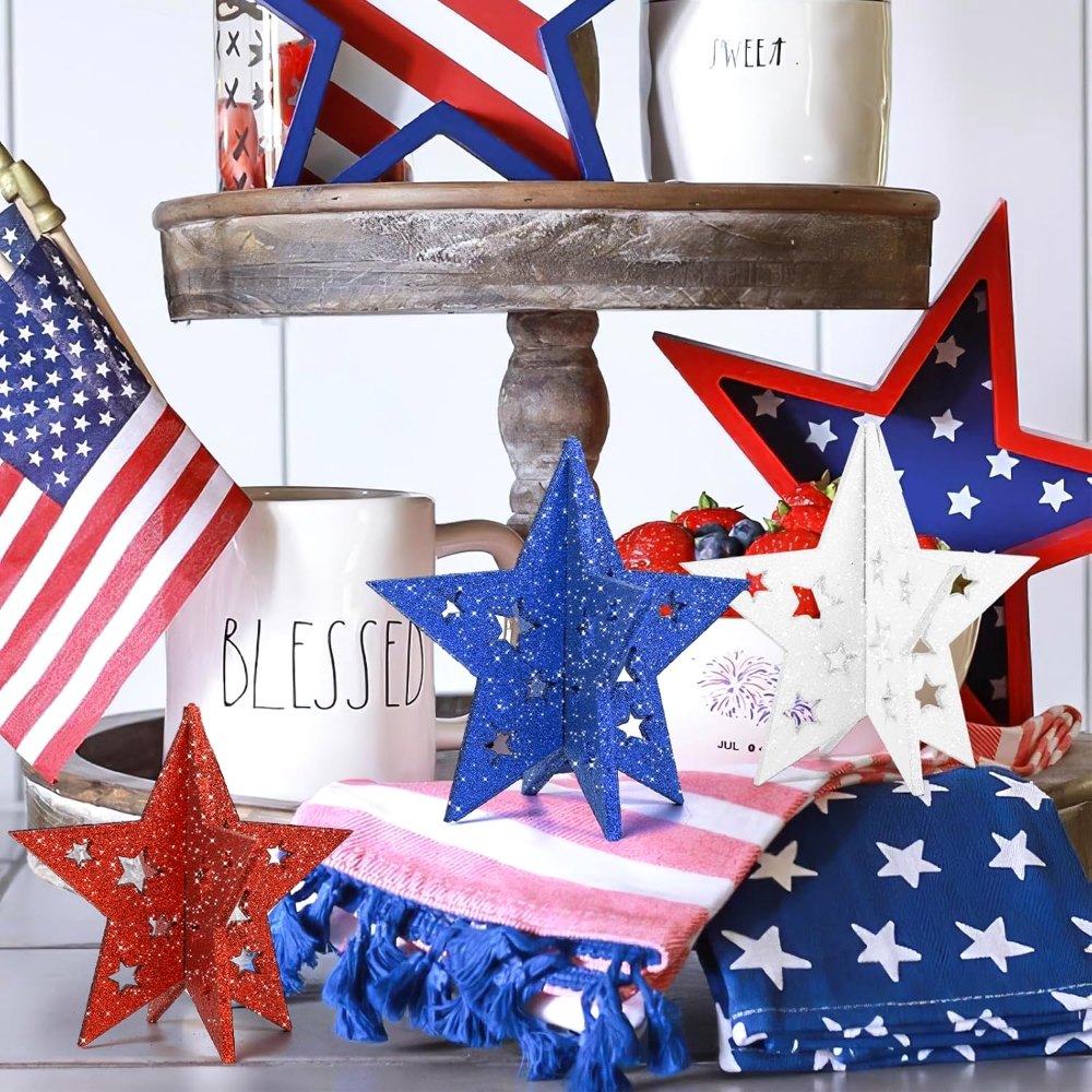 6 Inch Labor Day Decorations Wooden Stars Set, 3 pieces, view 4