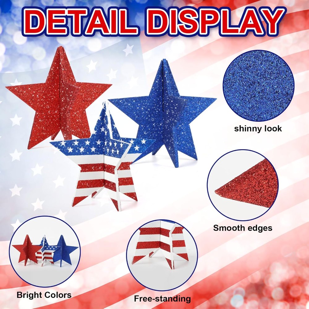 6 Inch Labor Day Decorations Wooden Stars Set, Flag Style, view 3