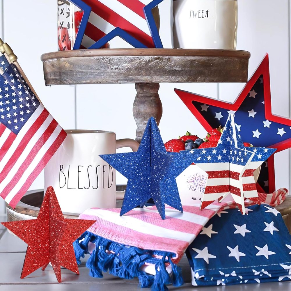 6 Inch Labor Day Decorations Wooden Stars Set, Flag Style, view 4