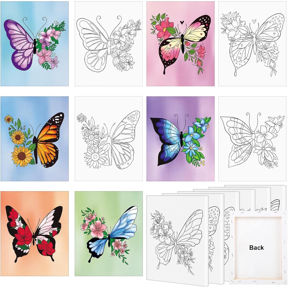8x10 Inches Butterfly Flower Pre Drawn Canvas to Paint