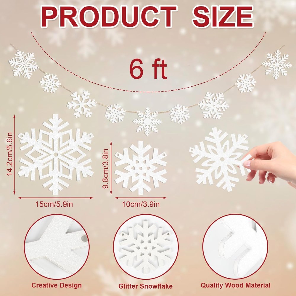 Christmas Decorations Glitter Wooden Snowflake Garland, view 2