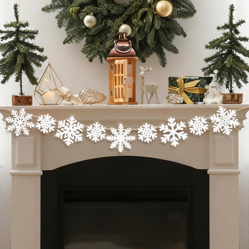 Christmas Decorations Glitter Wooden Snowflake Garland, view 6