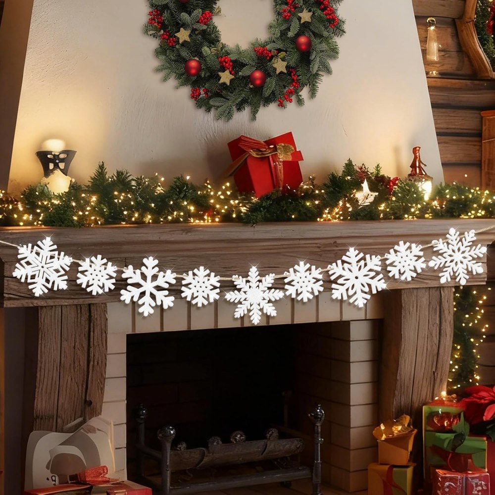 Christmas Decorations Glitter Wooden Snowflake Garland