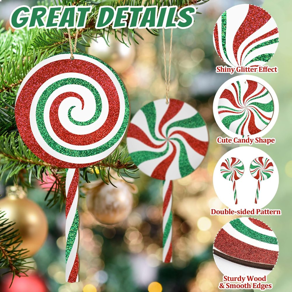 Double-Sided Glitter Christmas Wood Candy Ornaments, view 3