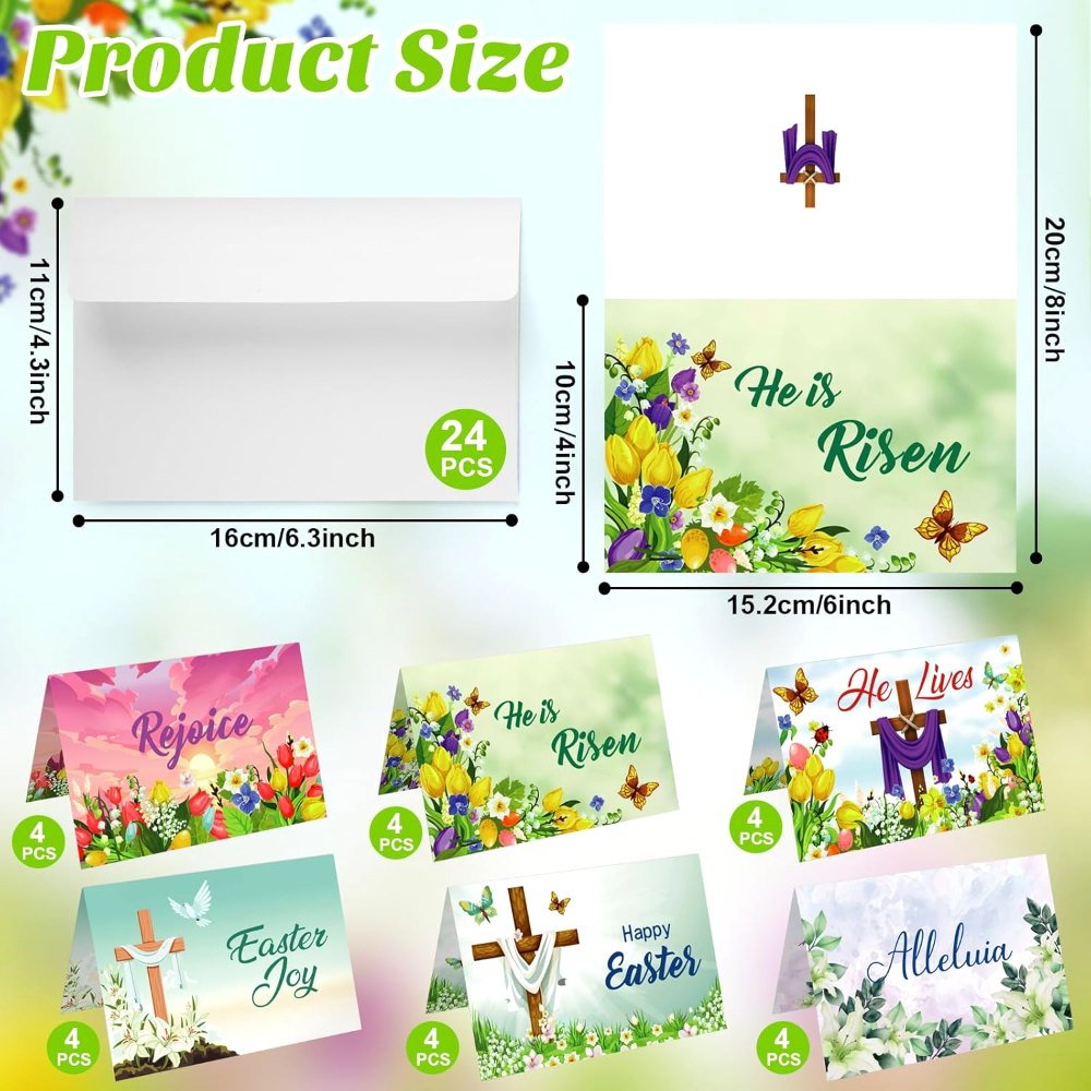 Easter Cards with Envelopes 24 Sets Cross Religious He is, view 2