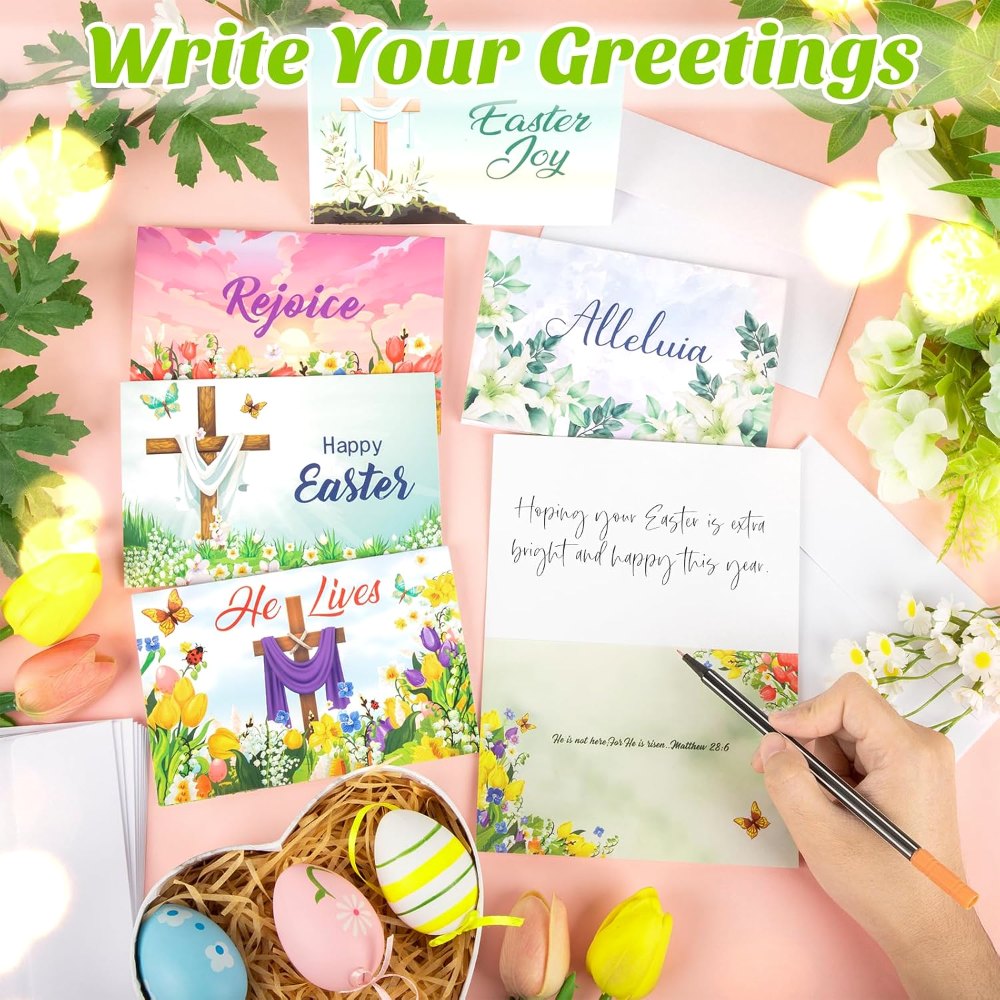 Easter Cards with Envelopes 24 Sets Cross Religious He is, view 4