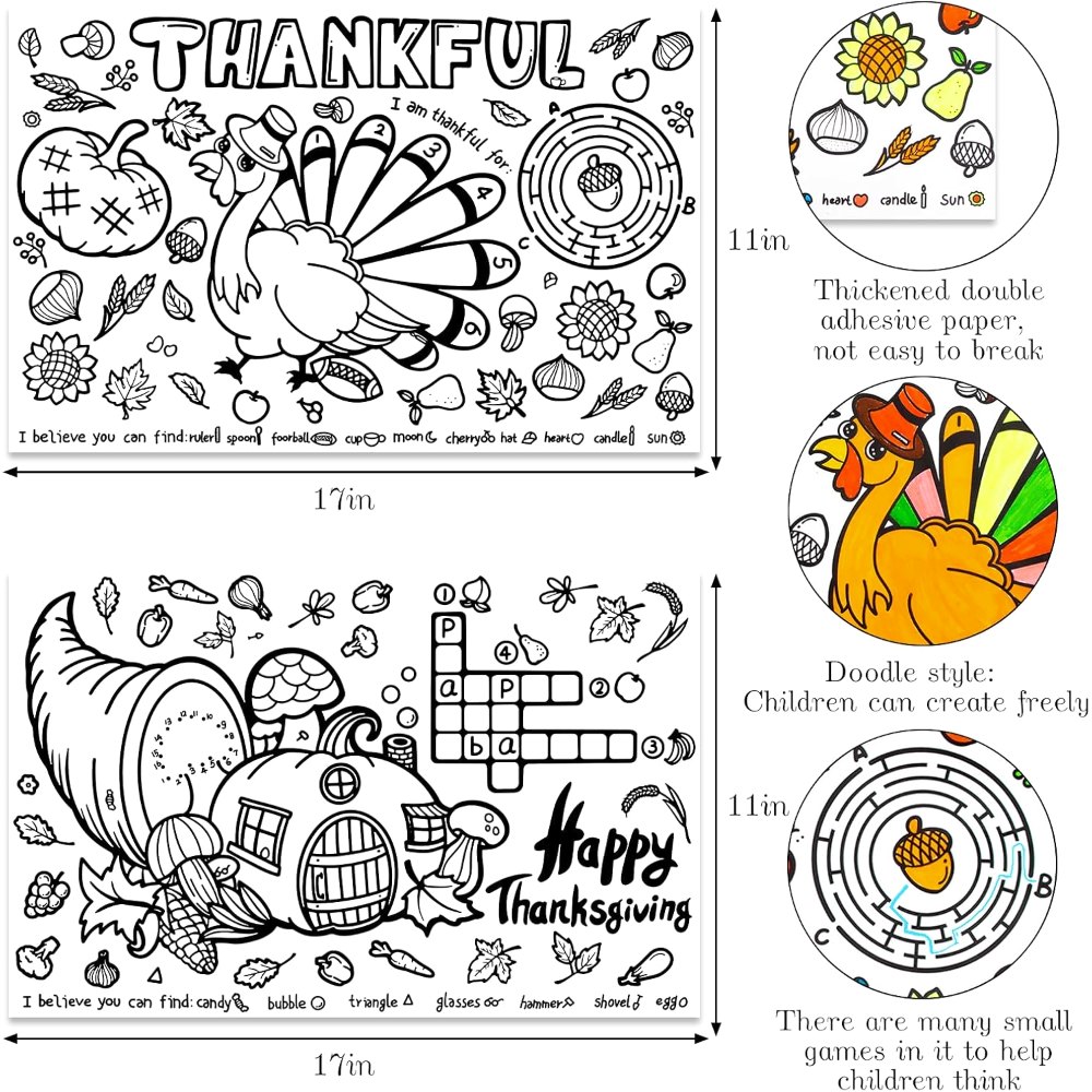 Large Thanksgiving Coloring Placemats for Kids Fall Table, view 6