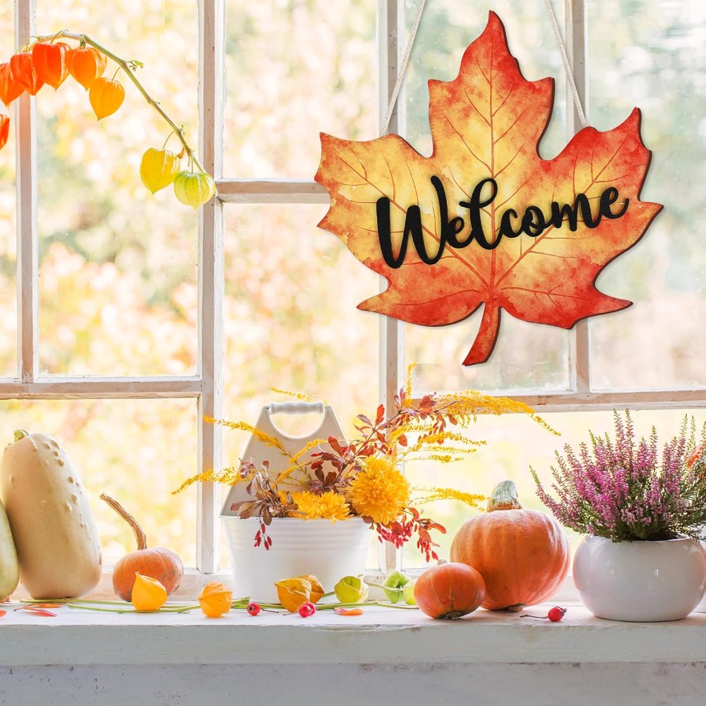 Vintage Fall Leaf Door Decorations Welcome Sign, view 3