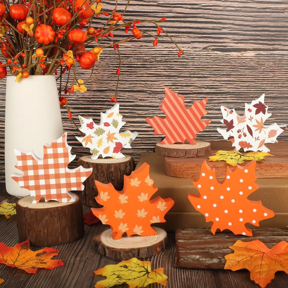 Wooden Fall Leaves Decorations for Home Office Indoor, 6 pieces, view 5
